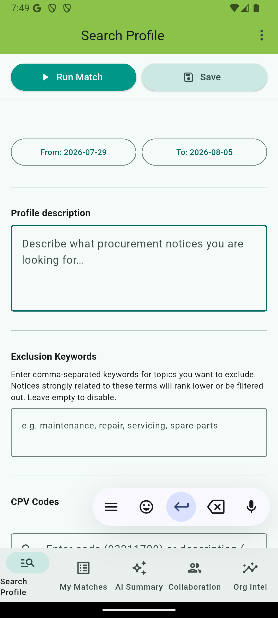 TenderAlert search profile setup with organisation description and preferences