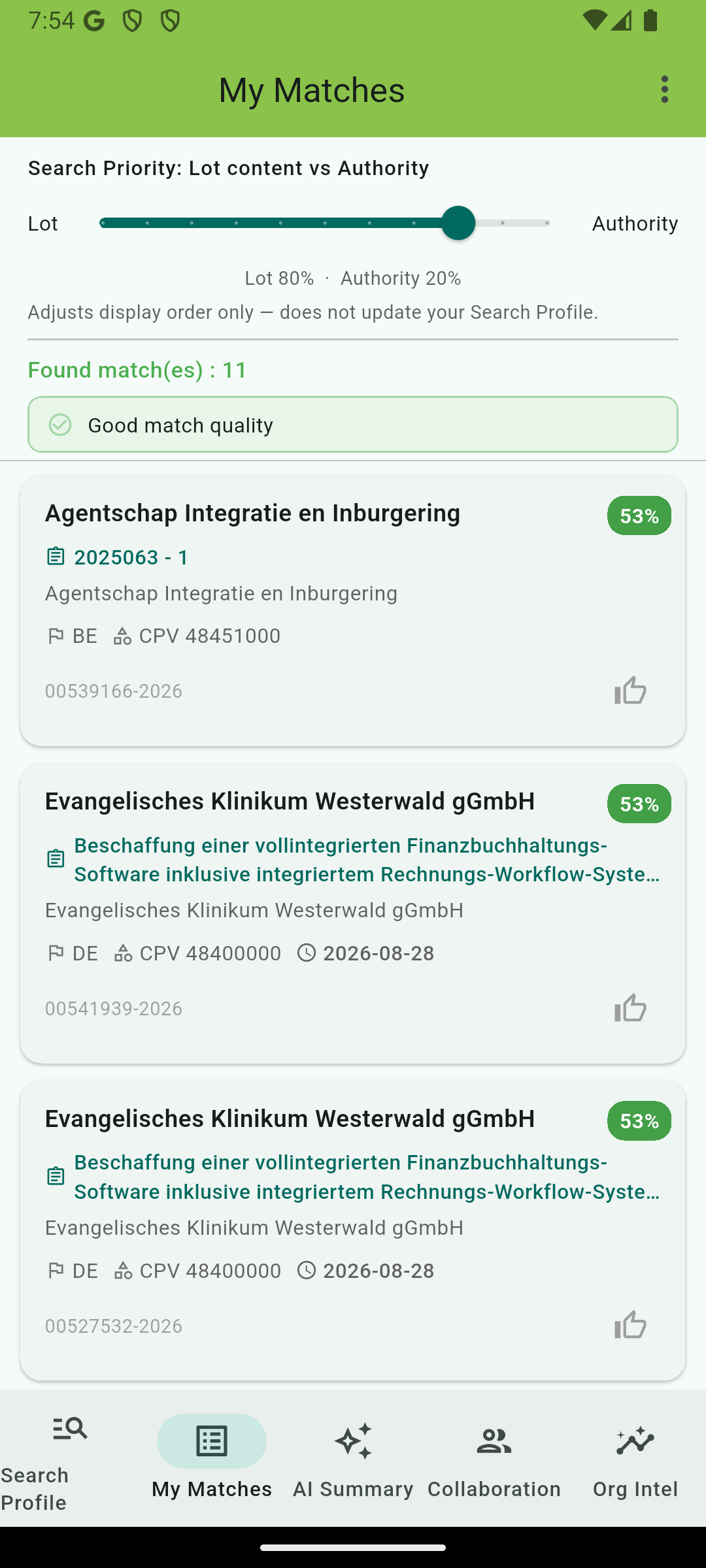 TenderAlert matches screen showing EU procurement notices ranked by relevance