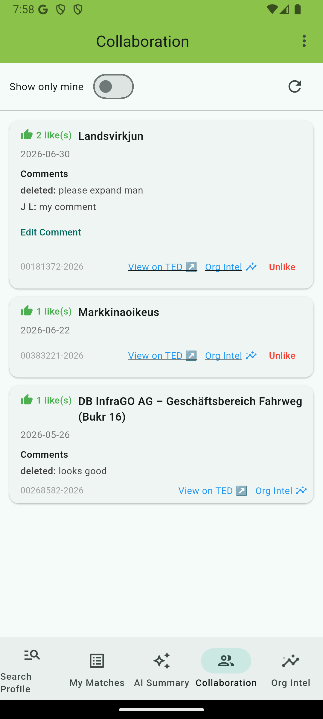 TenderAlert collaboration screen with ratings and comments on notices